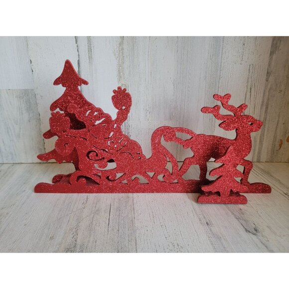 Pier 1 imports 3D red glitter santa claus sleigh tree xmas reindeer - Picture 1 of 7